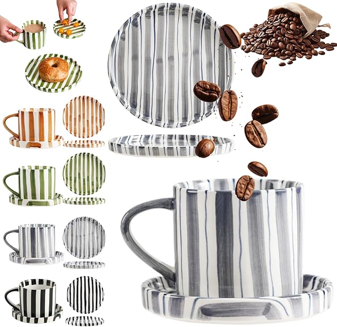 Retro Striped Hand-Painted Ceramic Mark Hand-Held Cup, Retro Striped Ceramic Coffee Mug, 9 oz Hand-Painted Stripeds Ceramics Coffee Mug with Cups, Saucers and Plates (Blue-P)