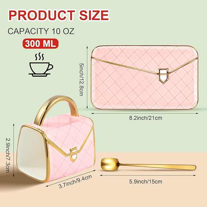 Zubebe 1 Set Coffee Mug Elegant Handbag Shaped Cup Valentine's Day Modern Ceramic Purse Mug with Spoon and Saucer, 10oz Cute Creative Tea Cup for Woman Girls Gift (Pink)