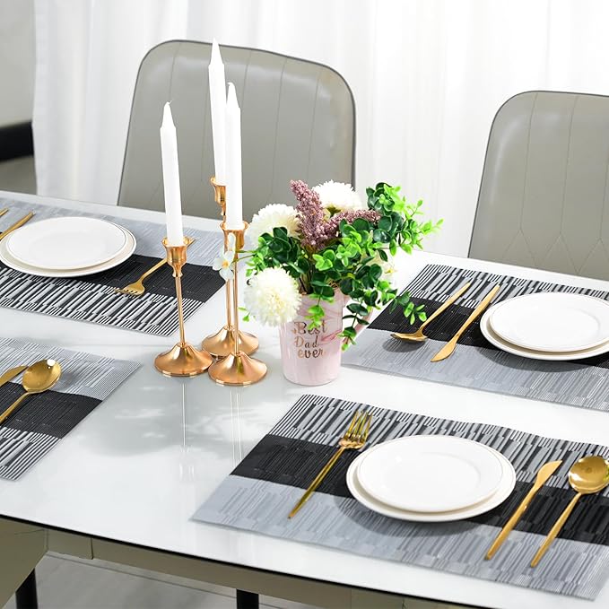 flohar Placemats Set of 6竊똍on-Slip PVC Weave Table Mats Easy to Clean竊똇eat Resistant Place Mats for Kitchen Dining Table Decoration Indoor Outdoor竊똁lack Gray