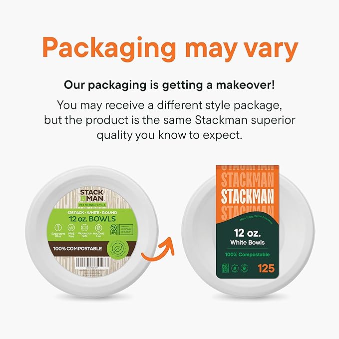 100% Compostable Disposable Paper Bowls [125-Pack] - {PFAS-Free} - {BPI Certified} - [12 oz] Heavy Duty, Eco-Friendly, Biodegradable Bagasse Hot Soup Bowls - Thick White 12oz Bowl Plates by Stack Man