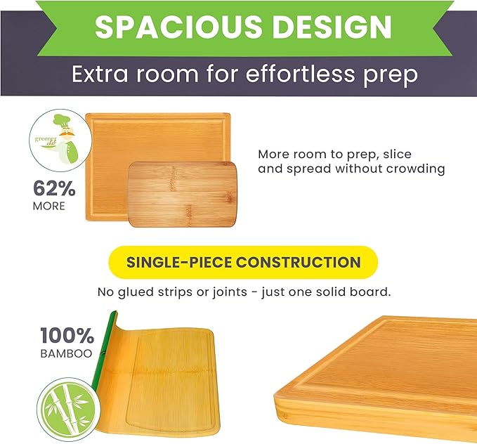 Glue-Free Surface??Extra Large Bamboo Cutting Board Set ??For Chopping Vegetables, Carving Meat, Slicing Bread, and Serving Cheese & Charcuterie for Safer Family Meal Prep ??For Health Conscious Chefs