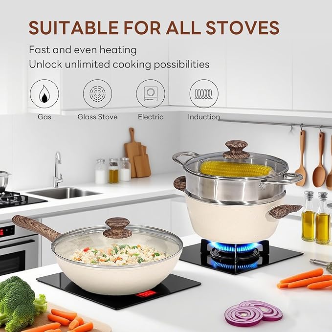 Sweetcrispy 17 Pcs Nonstick Pots and Pans, Non-toxic Kitchen Cooking Set with Stay-Cool Handles, Cream White