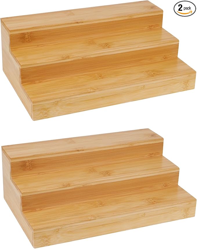 2 Pack Bamboo Spice Rack Organizer, 3 Tier Spice Riser for Cabinet, Wood Spice Stand for Countertop