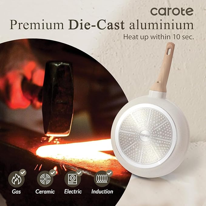 CAROTE 12 Inch Non Stick Frying Pan with Lid,White Granite Nonstick Skillet Omelet Pans, Egg Pan Granite Cookware, PFOS & PFOA Free