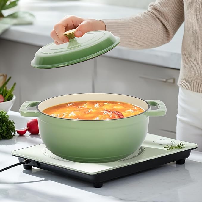 Dutch Oven Pot with Lid, 5 Quart Enameled Cast Iron Dutch Oven, Dual Handles, Kitchen Pots Oven Safe up to 500째F, Stovetop Compatible, Marinate, Cook, Bread Baking, Refrigerate & Serve, Green