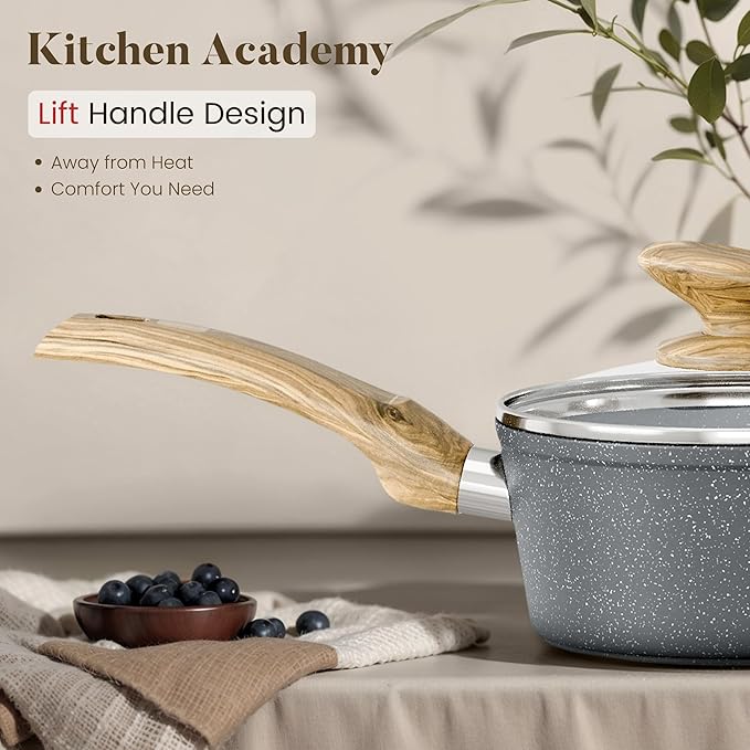 Kitchen Academy Induction Cookware Sets - 12 Piece Gray Cooking Pan Set, Granite Nonstick Pots and Pans Set