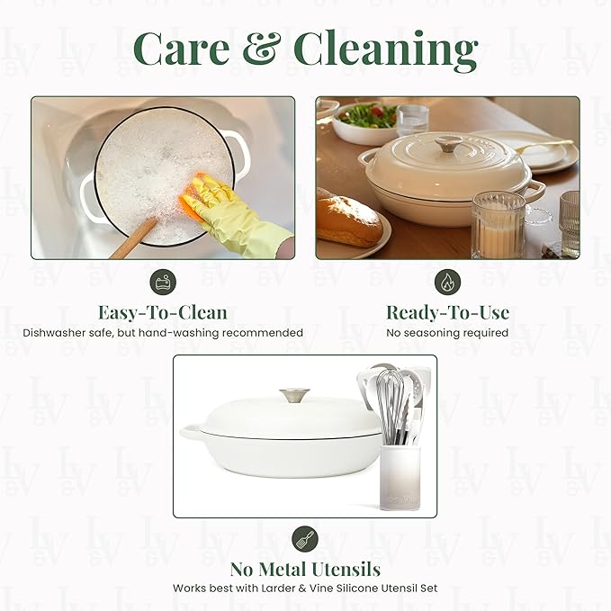 Larder & Vine Enameled Cast Iron Braiser | 3.6 qt Braiser Pan with Lid | Shallow Dutch Oven Compatible on All Cooktops | Casserole Dish Oven Safe to 500째 F | Dual Handles | White
