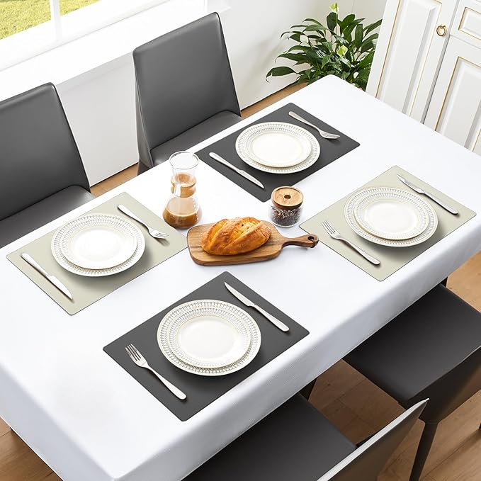 MOSAYT Vinyl Placemats Set of 6, Heat Resistant Place Mats 100% Waterproof Washable & Wipeable Faux Leather Reversible Table Mats for Kitchen Dining Party Indoor Outdoor, 12" x 17", Grey/Beige