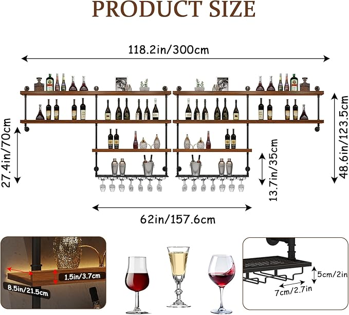 118.2in Large Wine Rack with LED Light, 4 Tiers Solid Wood Wall Mounted Wine Rack, Industrial Liquor Bottles Floating Shelves with Glass Holder for Home Bar/Dining Room (118.2in/300cm)