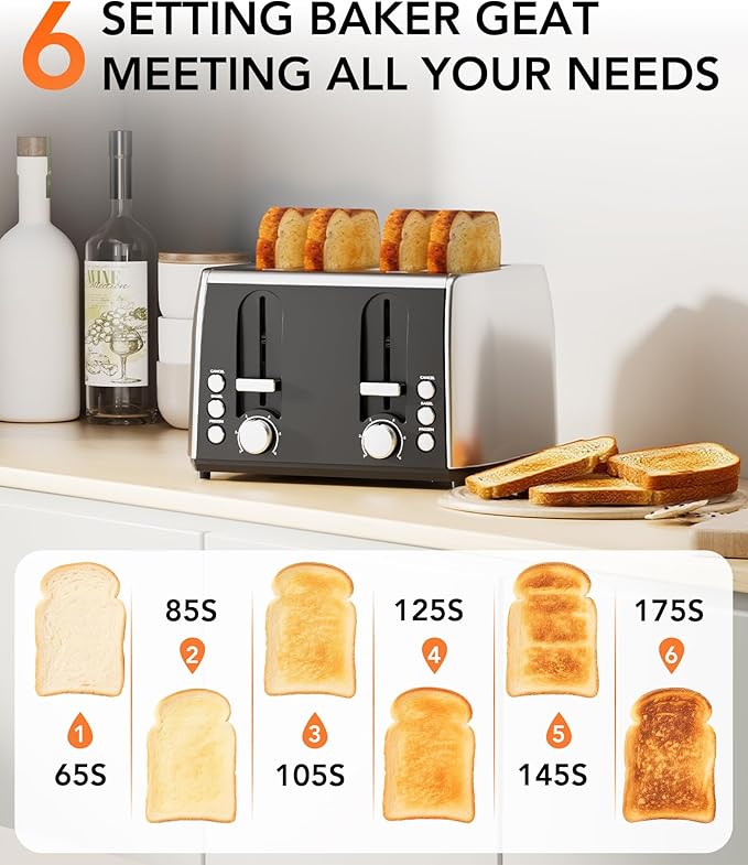 Cowsar 4 Slice Toaster, Compact Toaster with Extra Wide Slots for Toasting Bread, Bagel, Cancel/Bagel/Defrost Function, Dual Independent Controls, 6 Shade Settings, Removable Trays, Brushed Stainless