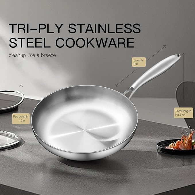 12" Stainless Steel Frying pan, 3-Ply Stainless Steel Pan, Induction, Oven Broiler Safe 600F Skillet, Professional Cookware, Silver竊똕uitable for All Stove (Detachable Handle)