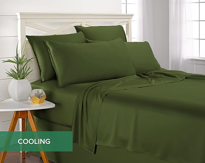 Pure Bamboo Queen Sheets, Genuine 100% Organic Viscose Derived from Bamboo Bed Sheet Set, Luxuriously Soft & Cooling, Double Stitching, 2 Year Quality Promise (Queen, Pesto)