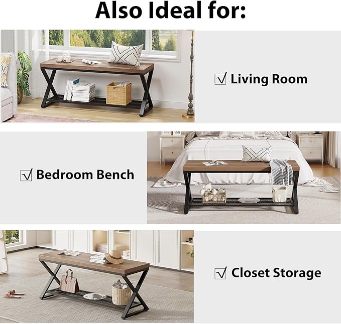 LVB Entryway Shoe Bench with Storage, 39??Entryway Bench for Foyer Hallway, Farmhouse Wood and Metal Indoor Bench for Entrance, Shoe Rack Storage Bench with Sitting for Living Room, Rustic Oak, 39 in