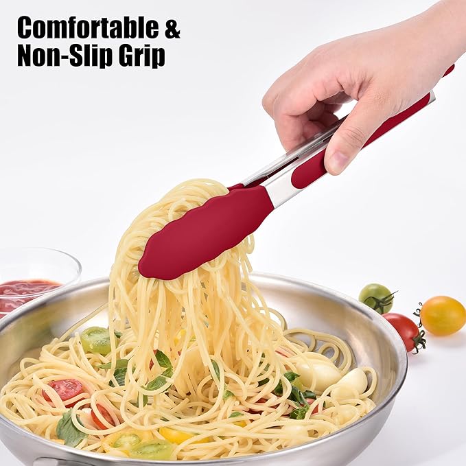 Doosu Kitchen Tongs for Cooking - 600째F Heat Resistant Food Tong with Non-Scratch Silicone Tips, Heavy Duty Stainless Steel Locking Tong for BBQ, Grilling Steak, Serving Salad, Pasta (9in, Red)