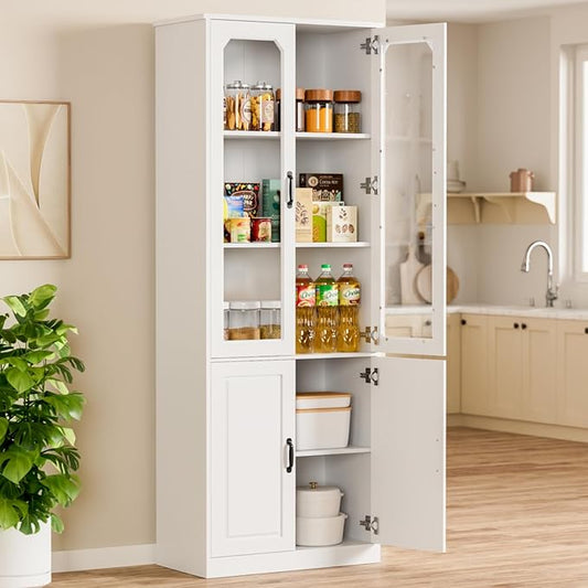 White Kitchen Pantry Cabinet, 78.7" Tall China Cabinet with Glass Doors and Adjustable Shelves, Wooden Display Cabinet for Dining, Living Room, White (Large, 31.5" W)