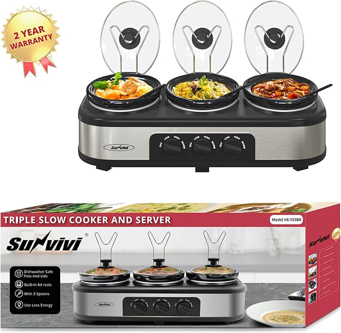 Sunvivi Triple Slow Cooker, Buffet Server & Warmer with 3 Removable Ceramic Pots, 3 Adjustable Temp Settings & 3 Metal Lid Rests, Stainless Steel, 3 * 1.5 Quarts Silver