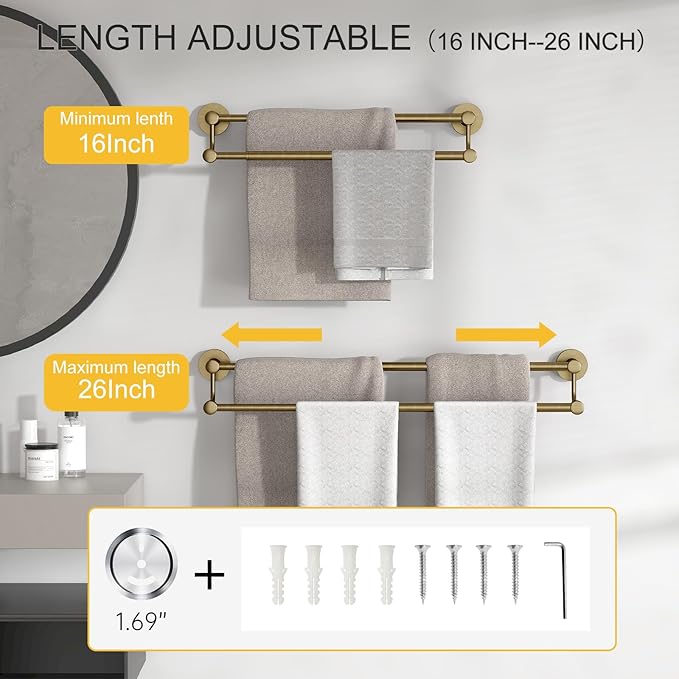 BESy Adjustable 16-26 Inches Double Bath Towel Bar for Bathroom SUS304 Stainless Steel Towel Holder, Hotel Style Wall Mount with Screws Hand Towel Bar Towel Rack Rod Hanger, Antique Brass