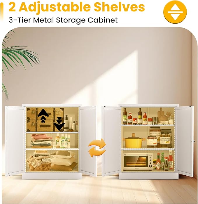 34.5" Metal Storage Cabinet with 2 Adjustable Shelves, Kitchen Pantry Cabinet with Ventilation Holes and Hooks for Home, Living Room, Pantry (White)