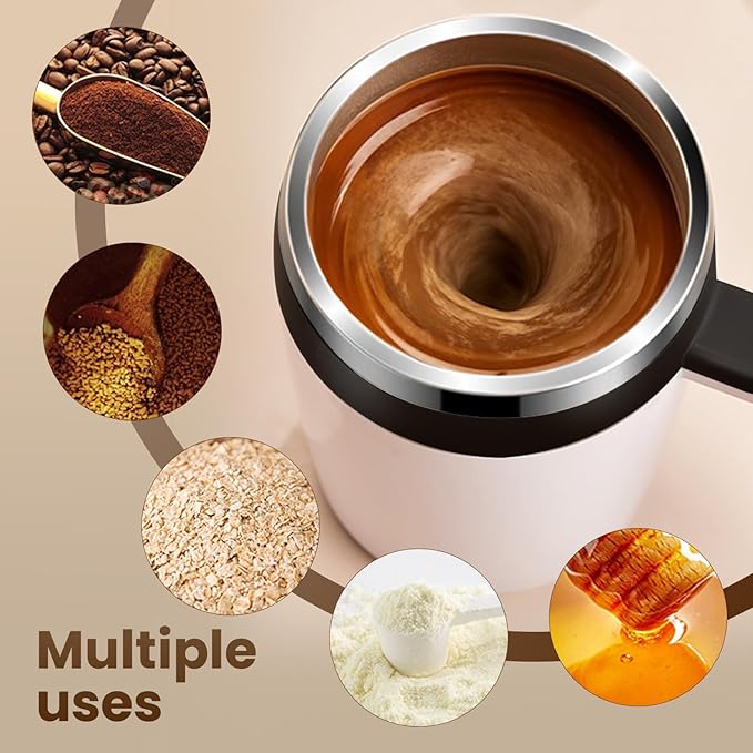 Electric Magnetic Stirring Coffee Mug, 2026 New Automatic Stirring Coffee Cup with Temperature Display, 12.85oz Self-Stirring Mug with Lid Suitable for Coffee, Milk (White + Brown)