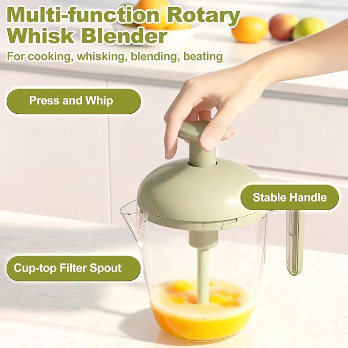 Manual Egg Beater, Manual Hand Mixer with Filter Cup, Multifunctional Press Rotate Mixing Tool with Strainer for Kitchen Baking Cooking