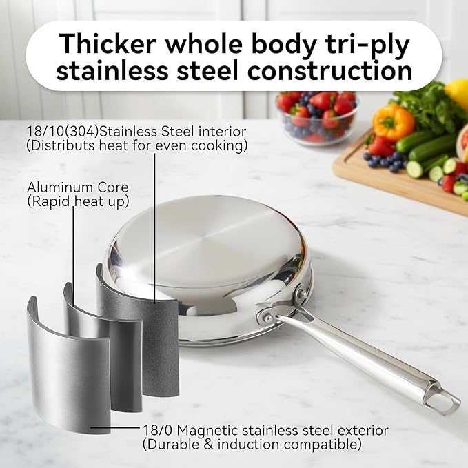 Professional Grade 316L Stainless Steel Frying Pan | 8 Inch Skillet with Glass Lid | Healthy PFOA/PFOA-Free & Dishwasher Safe | Induction & Gas Stove Compatible, Oven Safe to 500째F