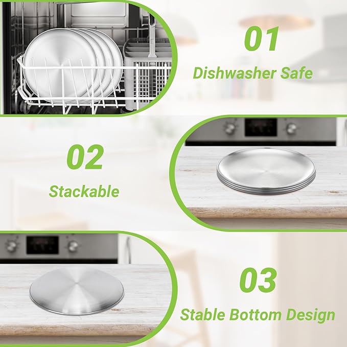 Metal Dinner Plate, 10 Pack 10.2 inch Large 201 Stainless Steel Plates, Reusable Lunch Salad Pizza Food Serving Snack Eating Dishes Round Brushed Finish Silver Sturdy Dish Oven Dishwasher Safe