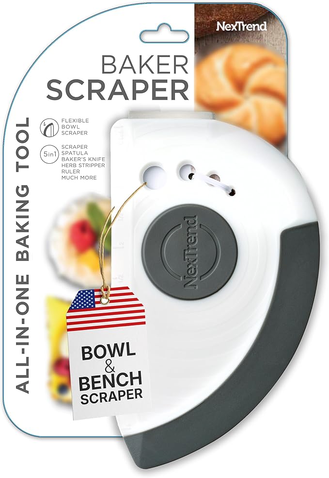 Nextrend BakerScraper ??5-in-1 Flexible Bowl Scraper, Bench Scraper and Dough Scraper with Stainless Steel Edge, Ruler & Herb Stripper ??BPA Free, Dishwasher Safe - Gray