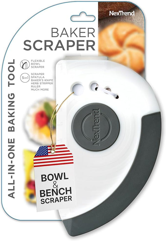 Nextrend BakerScraper ??5-in-1 Flexible Bowl Scraper, Bench Scraper and Dough Scraper with Stainless Steel Edge, Ruler & Herb Stripper ??BPA Free, Dishwasher Safe - Gray