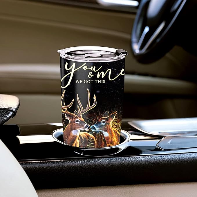 WAZONE Personalized Deer Couple Tumbler Customized Name Deers Travel Gift For Couples On Valentines Day Christmas Anniversary Double Wall Insulated 20 30oz Stainless Steel Cup