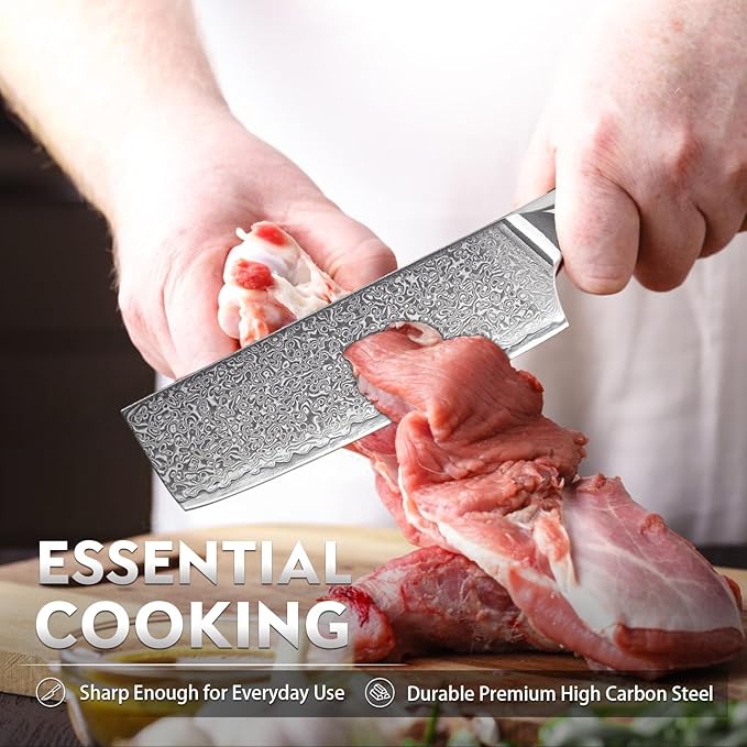 Purple Dragon Damascus Nakiri Knife, 7 Inch Meat Cleaver Knife VG10 Steel Kitchen Knives for Cutting Vegetables Chopping Meat Razor-Sharp Chef's Knives Christmas Gift for Men and Women