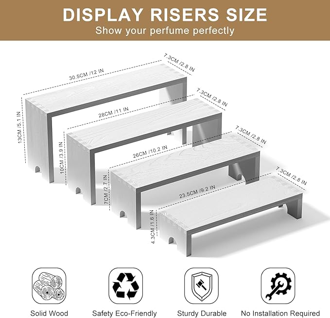 4 Set Large White Wooden Tiered Riser Display Stands for Vendor Events,Stackable Wooden Cupcake Stand,Farmhouse Decor Wood Dessert Table Display Set,Vendor Booth Display Items,Food Display Risers for Party（12-11.2-10.4-9.6IN）