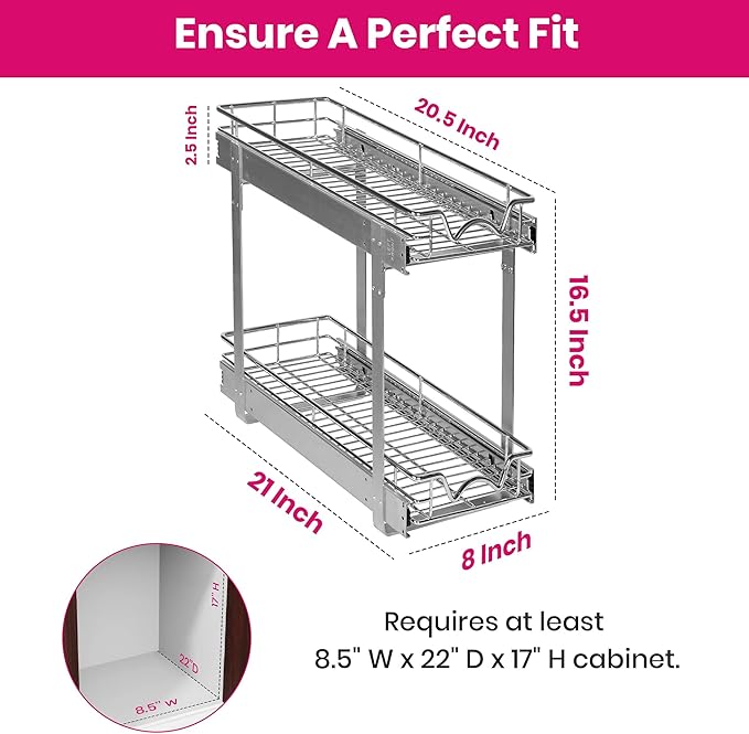 HOLDN??STORAGE Two Tier Pull Out Cabinet Organizer, Individual Sliding Drawers - Heavy Duty Metal with Lifetime Limited Warranty - Anti Rust Chrome Finish - 8" W x 21?쒭 x 16.5" H