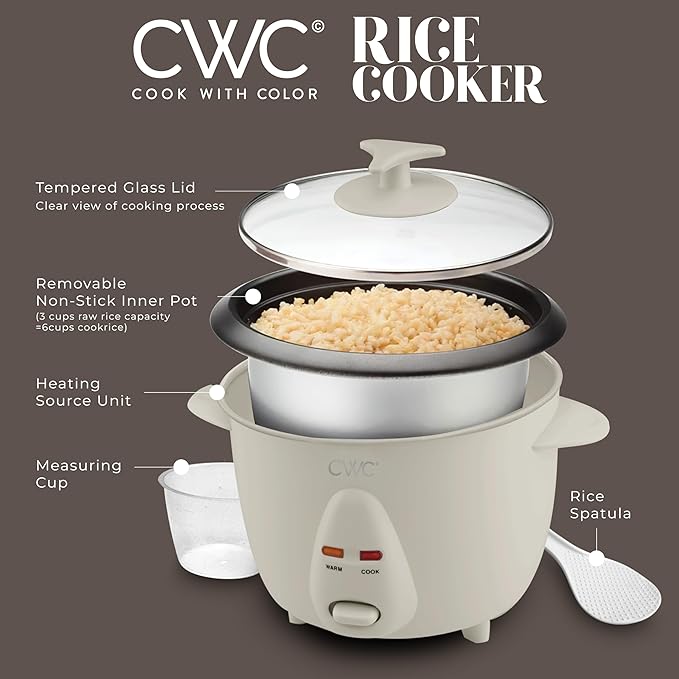 COOK WITH COLOR 6 Cup Rice Cooker 300W - Effortless Cooking and Perfectly, Cooks 3 Cups of Raw Rice for 6 Cups of Cooked Rice, Sand