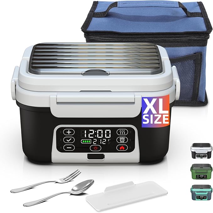 Cordless Electric Heated Lunch Box, XL 6.3Cups 20000mAh Rechargeable Food Warmer Lunch Box with Self Heating, Smart Timer, Adjustable Temperature, Leakproof, BPA Free, Removable Tray Divider