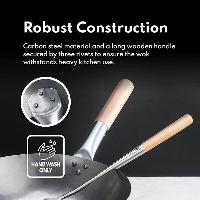 New Star Foodservice Carbon Steel Wok Set - 14" Round Bottom, Hand Hammered With Wood and Steel Helper Handle, Includes Rack/Ring and Spatula (Hand Wash Recommended)