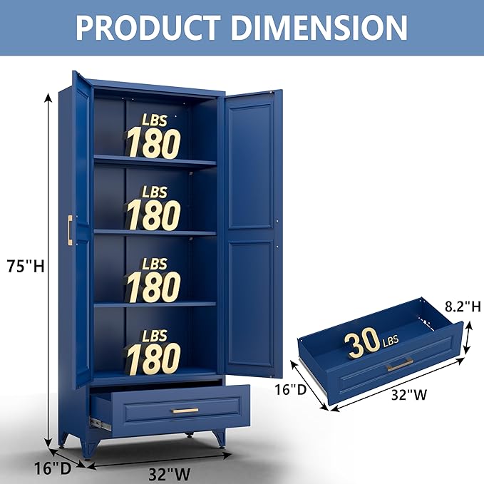 Metal Storage Cabinet,75" Tall Kitchen Pantry Storage Cabinet with Doors and Adjustable Shelves, Blue Metal Pantry Cabinets with Drawer, Large Cupboard for Kitchen, Dining Living Room