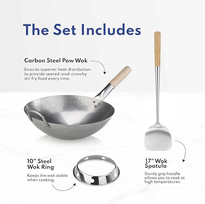 New Star Foodservice Carbon Steel Wok Set - 14" Round Bottom, Hand Hammered With Wood and Steel Helper Handle, Includes Rack/Ring and Spatula (Hand Wash Recommended)