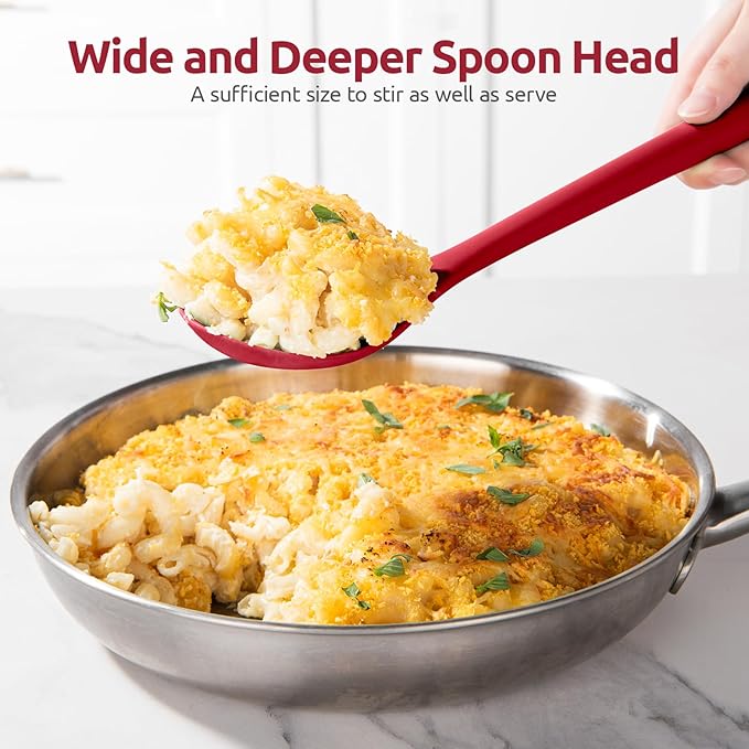 600쨘F Heat Resistant Silicone Spoons: U-Taste 13.3in Solid & Slotted Kitchen Cooking Spoon, Nonstick Long Rubber Utensil, Sturdy for Mixing, Serving, Stirring, Frying, Draining (Red, 2PCS)