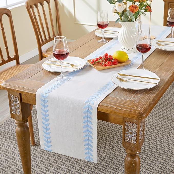 Wracra Embroidered Table Runner Irregular Willow Leaf Table Runners 108 Inches Long for Dresser Home Dining Table Decor,14 x 108 Inch, Blue