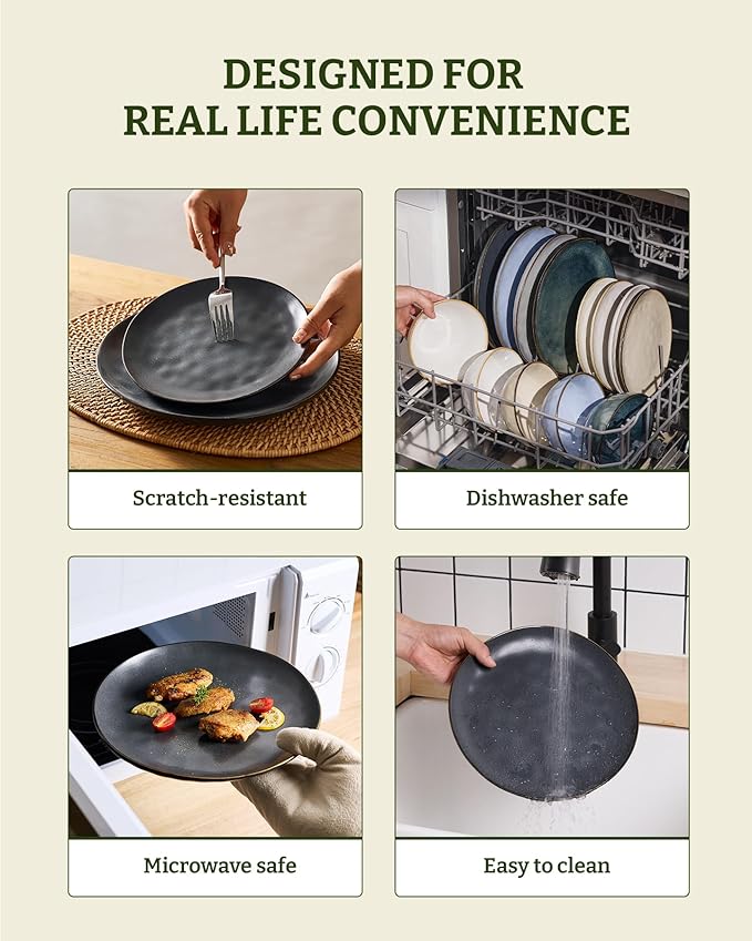 Famiware Dinnerware Sets for 8, Ocean Round 24-Piece Kitchen Plates and Bowls Sets, Microwave and Dishwasher Safe, Scratch Resistant, Matte Black