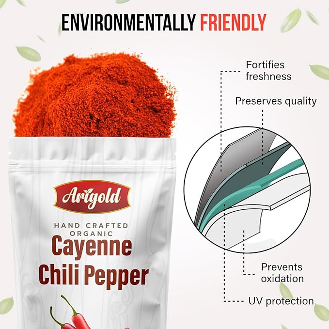 Arigold Organic Cayenne Pepper Powder - Hand Crafted Natural Hot Pepper - Ground Cayenne for Cooking - All-Natural, Non-GMO, Non-Irradiated, SHU 60,000-80,000 Heat, Resealable Bag, Vegan ??6 oz (170g)