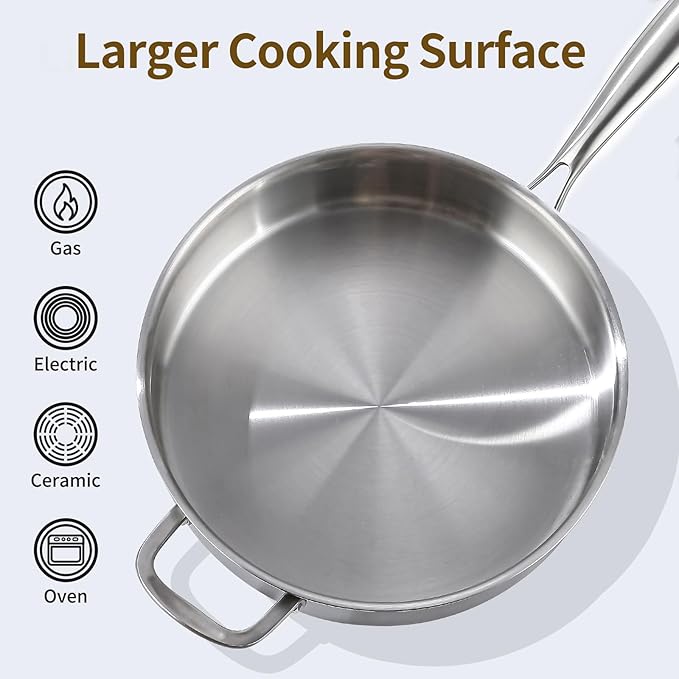 DELARLO 5QT Saute Pan Tri-Ply Stainless Steel Pan, 12Inch Deep Frying Pan with Steel cover, Kitchen Large Skillet,Heavy Duty Style Compatible With All Cooktops Up to 650℉
