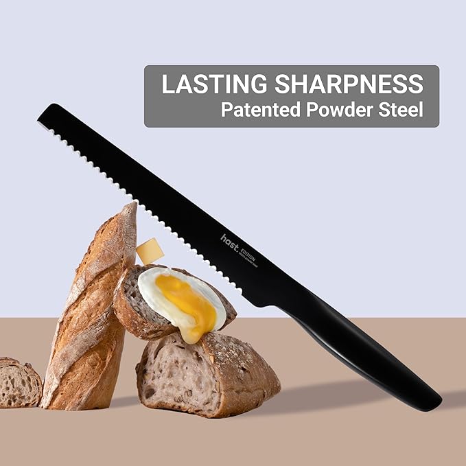 HAST Edition 8-Inch Serrated Bread Knife, Ultra-Sharp Professional Bread Slicing Knife, Advanced Powder Steel, Lightweight, Comfortable Ergonomic & Award-Winning Design (Titanium Black)