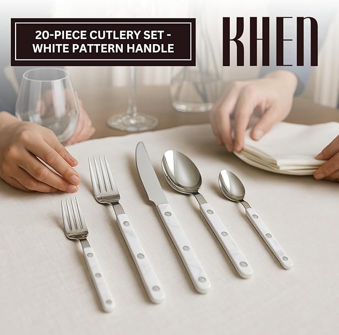 Khen 20-Piece Cutlery Set ??Includes Dinner Knives, Forks, Spoons, Salad Forks & Teaspoons ??Dishwasher Safe Cutlery Set for Home, Kitchen, Parties & Special Occasions ??Carrera Pattern Handles