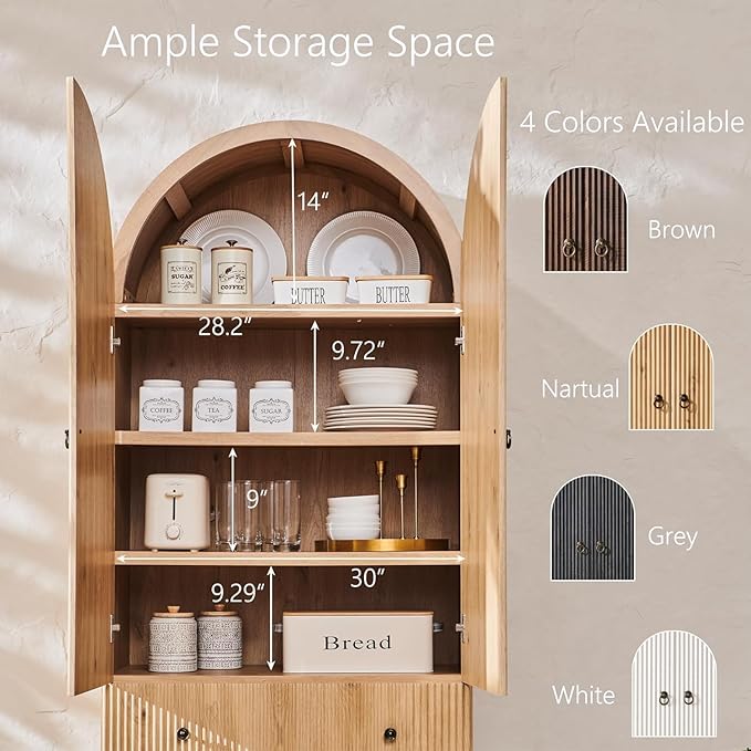 Fluted Arched Pantry Cabinet, 71" Tall Kitchen Storage Pantry Cabinet with Adjustable Shelves and 2 Large Drawers, Freestanding Morden Versatile Cupboard for Living Room, Bathroom, Natrual