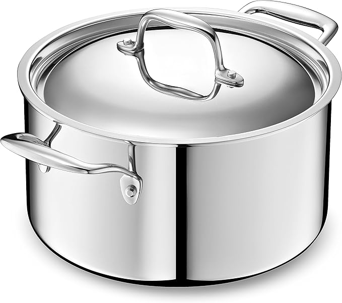 LEGEND COOKWARE 5-Ply Stainless Steel 6-Quart Stock Pot with Lid - Induction Compatible, Oven Safe 800째F - Non-Toxic, No Coatings - Even Heating, Won't Warp - Built to Last Generations