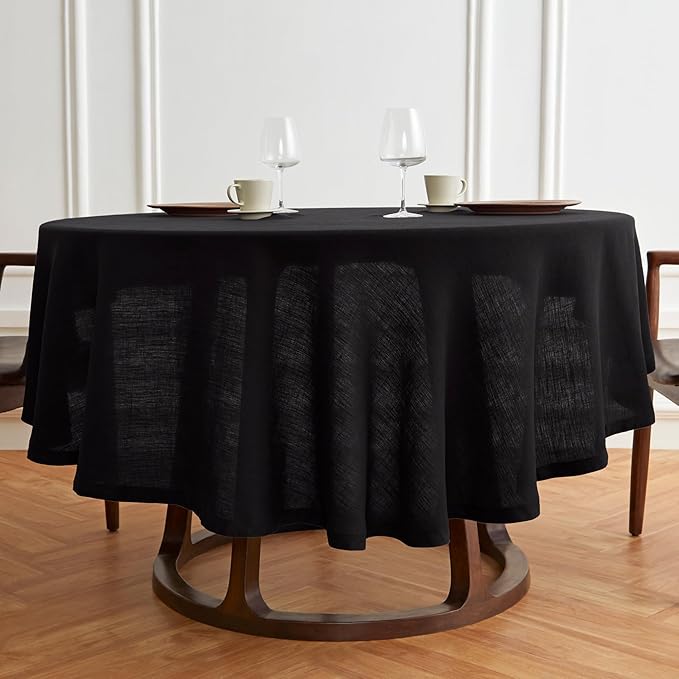 Solino Home Linen 60 Inch Round Tablecloth - 100% Pure Linen Black Round Tablecloth - Machine Washable Table Cloth for Winter, Spring - Sonoma
