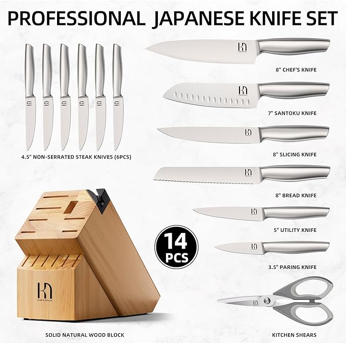 Knife Set, Premium Knife Block Set for Kitchen 14 Pcs UltraSharp Japanese High Carbon Stainless Steel with Block and Built-in Sharpener, Kitchen Knives Set with Non-serrated Steak Knives
