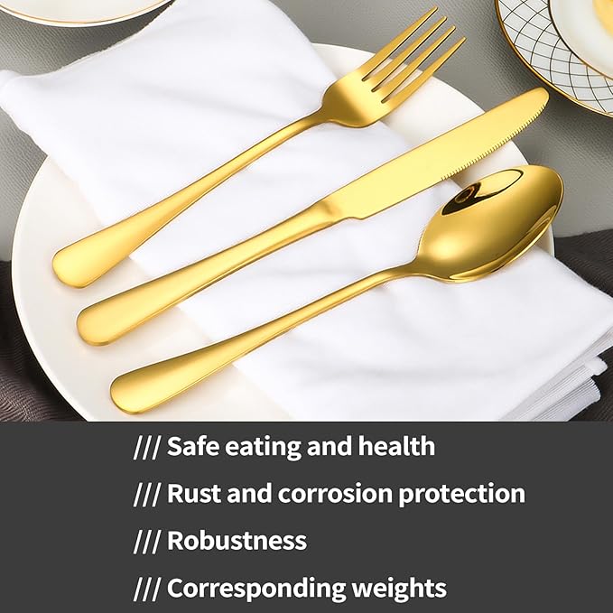 48-Piece Gold Silverware Set with Steak Knives Gold Stainless Steel Flatware Set for 8 Food Grade Tableware Cutlery Set Rust-proof, Mirror Polished, Dishwasher Safe
