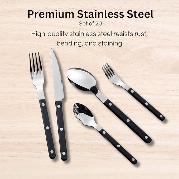 Khen Cutlery Set of 20, 18/8 Stainless Steel Flatware, Modern Silverware for Home, Kitchen, Dining & Table Setting for 4 ??Stainless Steel, Dishwasher Safe, Lightweight & Ergonomic Design Gift - Black